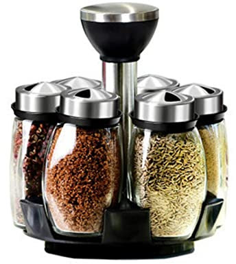 DNCG Condiment Jar Revolving Spice Rack Organizer Seasoning Tool Glass Sugar Bowl Salt Jar Pepper Kitchen Gadget Label Sticker Spices Storage Box Jars
