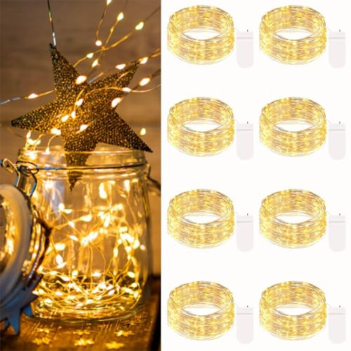 btfarm 8 Stück Lichterkette Batterie mit Klein, 2M 20LED Mini Lichterketten | Silberdraht, Micro Draht, Batteriebetrieben, Wasserdichte, für Innen Weihnachten Hochzeit Party Geschenk Deko, WarmWeiß