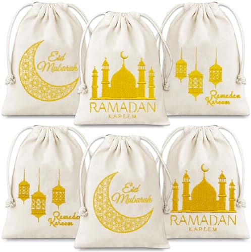 6 Stück Geschenksäckchen zu Ramadan Set,Ramadan Geschenktüten,Ramadan Gift Bags Cotton Gold,Drei Muster Ramadan Geschenktüten mit Zugband,für Ramadan,EID Mubarak Muslim Ramadan Party Dekoration,رمضان