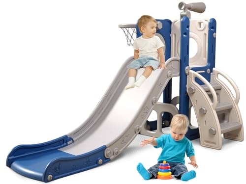 Baotree 6 in 1 Toddler Playset with Slide, Kids Slide with Basketball Hoop, Ball, Ring Toss, Indoor Outdoor Toys (White Blue)