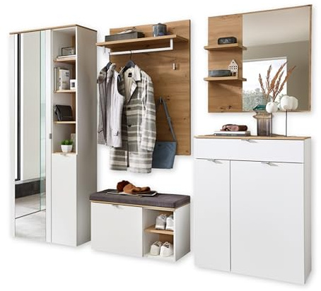BARI Flurgarderoben Set 5-teilig in Weiß und Artisan Eiche Optik | 264 x 202 x 38 cm (B/H/T), Garderobenset für den Eingangsbereich, Schrank, Schuhkommode, Bank, Paneel und Spiegel