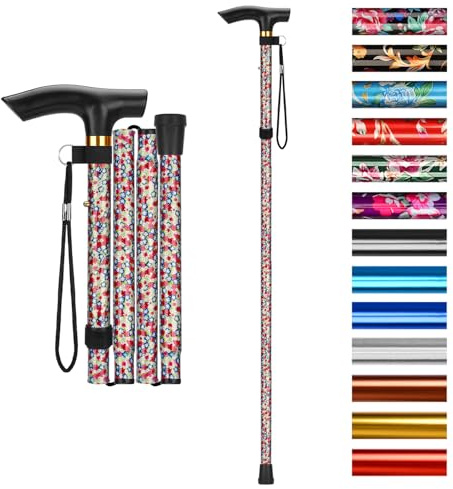 supregear Canne Pliante, Hauteur Réglable à 5 Niveaux Canne de Marche Légère Portable Bâtons de Voyage avec Dragonne et Poignée en T pour Personnes Âgées Handicapées Hommes Femmes