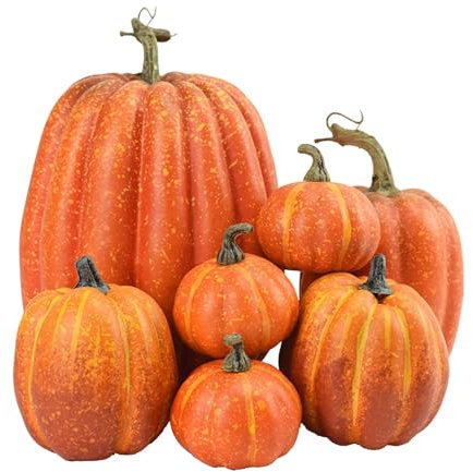 Decoración de calabaza de otoño, 7 piezas de calabazas para decorar, decoraciones de otoño de calabaza falsa naranja grande, calabazas artificiales de imitación de espuma para decoraciones de otoño