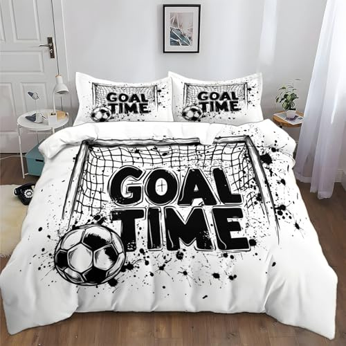 XCQHZYQ Funda Nordica Infantil para Cama 90 Fútbol ​​Dibujado A Mano Portería Poliéster Algodón Suave Juego de Funda Edredónes 150x200 cm y 2 Funda de Almohada 50x75 cm, Juego de Ropa de Cama