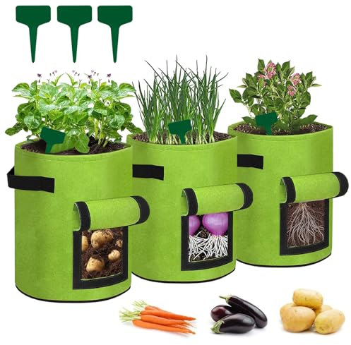 Sac de Plantation Non Tissé 7 Gallons - 3 Pièces avec Poignées pour Culture de Légumes, Pommes de Terre, Tomates, Fraises - Croissance de Plantes (Vert)