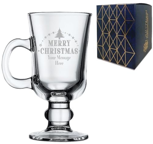 Personalised Engraved Novelty Christmas Irish Coffee Glass Cup with Merry Christmas Tree Design, Customise with Any Name or Message, Gift Box Included, Laser Engraved