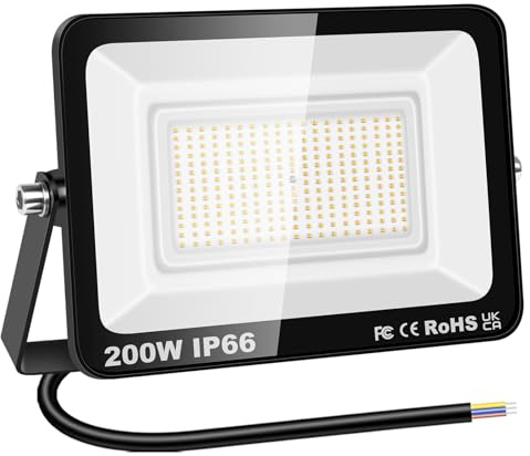 YOJZMA Projecteur LED Extérieur, 200W 20000LM Lumière Éclairage de Sécurité | Sans Prise, Blanc Chaud 3000K, IP66 Étanche, Spot LED Extérieur pour Jardin Garage, Cour Terrain Sport Patio Allée Porche