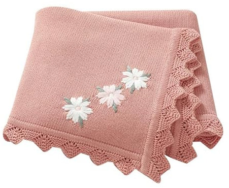 LAWKUL Babydecke 100% Nachvollziehbar Baumwolle Weich Gestrickt Babydecken Blumen für Neugeborene Jungen Mädchen 100x80cm Rosa