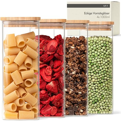 KIVY Lot de 4 bocaux de conservation rectangulaires en verre avec couvercle hermétique [4 x 1000 ml] Bocaux de conservation en verre avec couvercle – Récipient en verre avec couvercle en bois