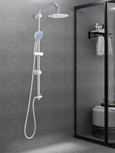 CROWNSHOP Shower Set Shower Riser Rail 8 Round Shower Mixer with Twin Heads Adjustable Overhead Rainfall Bathroom Shower Mixer Shower Head Handheld Shower Hose and Riser Rail Kit