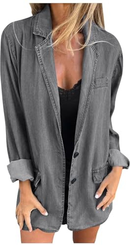 Jeansjacka dam oversize lång, jeansblazer dam elegant, jeanskappa stora storlekar jeansskjorta lös denimjacka revers streetwear jacka med knappar fritidsjacka ledig bikerjacka jeansblazer, GRÅ, L