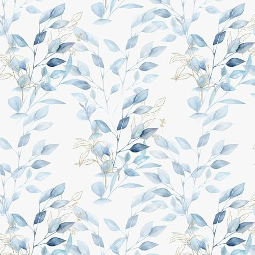 Yomshi Selbstklebende Tapete Blau Weiß Gold Blätter Tapete 41cm×10m Wasserdicht Möbelfolie Selbstklebend Vinyl Klebefolie für Schlafzimmer Wohnzimmer Wand Möbel Dekorative