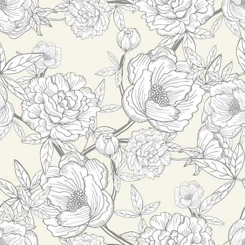 VEELIKE Tapete Blumen Beige Skizzen Blumentapete Vintage Fototapete Blumen Pfingstrosen Mustertapete 44.5 cm x 300 cm Selbstklebende Tapete Schlafzimmer Kinderzimmer Flur Wand Dekoration Abnehmbar