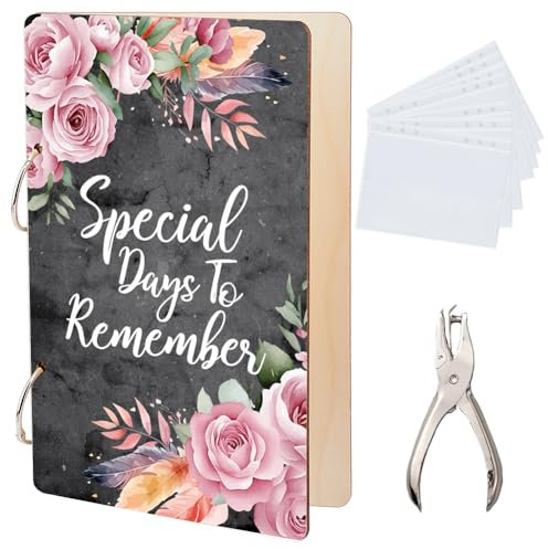 SUPERDANT - Álbum de tarjetas de felicitación vintage con rosas, archivador de madera con 2 anillas, álbum de postales con perforadora y 20 bolsillos