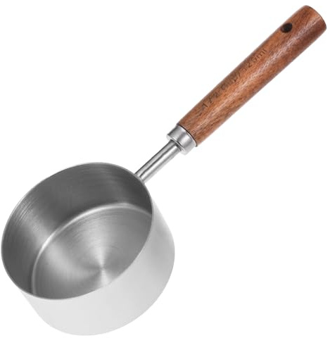 QFGasre 1 Pcs Measuring Cup and Spoons Set Dog Cat Food Scoop Stainless Steel Pet Food Scoop Wooden Handle with US Measurements Metric Cups and Spoons for Cooking and Baking