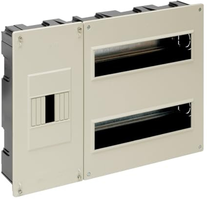 Caja de distribución hasta 24 elementos, 410x270x68mm, color marfil, ideal para instalaciones eléctricas y protección de circuitos.