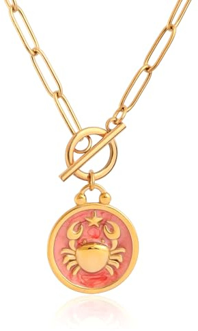 TaYolnFaSo Goldene Sternzeichen-Halskette mit Clip-Anhänger, 18 Karat Echtgold, Horoskop mit 12 Sternbildern, Halskette mit Papierclip, Emaille, Sternzeichen, Schmuck