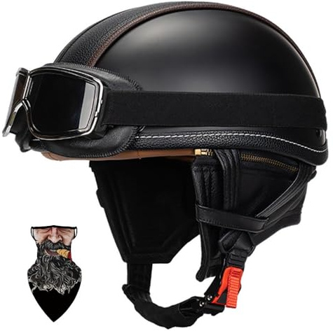 HALYING Casco Moto Vintage Semi-Aperto in ABS con Collare Rimovibile - Casco Scodella Leggero per Scooter/Cruiser, Fodera in Traspirante, EPS Antishock, Fibbia Rapida Unisex 55-64cm