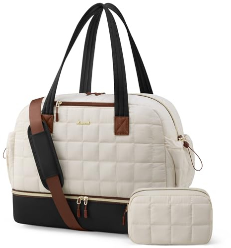 LOVEVOOK Resväska dam, lätt buffert, weekendklinikväska, sportväska resväska med skofack och våtfack, handbagage, väska för flygplan resor, Beige + svart + brun, M