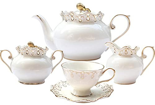 Set da tè pomeridiano Inglese in Stile Corte da 15 Pezzi, teiera da tè Nera, Tazza da tè, Soggiorno, casa, Set da caffè in Porcellana fine (A (A