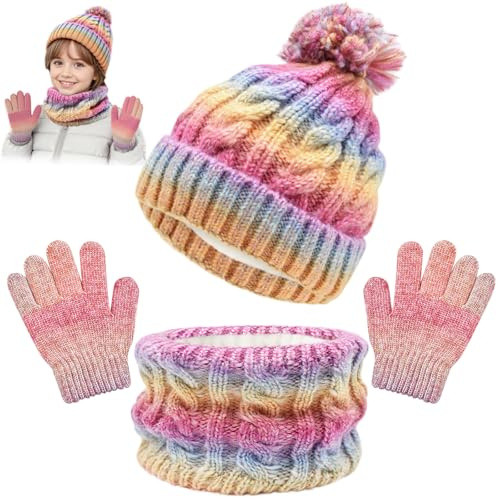 Cyiecw Conjunto Gorro Bufanda y Guantes de Invierno para Niños, Gorro Grueso de Punto Térmico y Cuello Tubular para Niños, Guantes Cálidos para Niños y Niñas de 3 a 8 Años