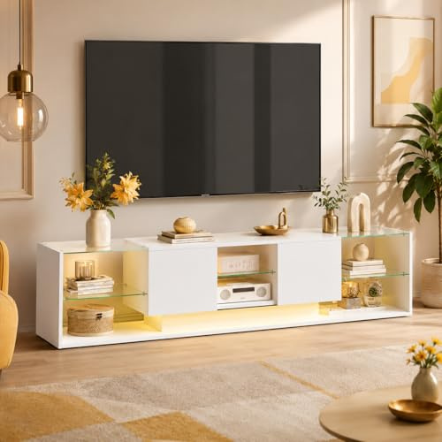 200 cm LED-TV-skåp, TV-bänk, TV-bänk, vardagsrumsbänk, modern TV-bänk i trä med 2 lådor, soffskåp inomhus, vardagsrum, vit (35 x 200 x 45 cm (vit))