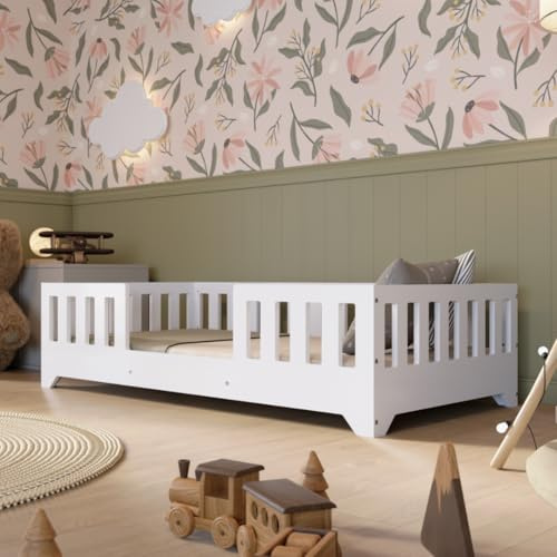 Crazy Pine - Montessori Kinderbett mit Rausfallschutz – Sicheres Kinderbett für Jungen und Mädchen - Leichter Aufbau - Crazy Alfa (Weiß mit Eingang Mitte, 200 x 100 cm)