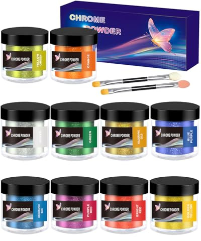 Luckymica krompulver – 10 färger metallic spegelkrom, holografiskt pigmentpulver för naglar, epoxiharts, muggar, slime, pyssel och oljemålning