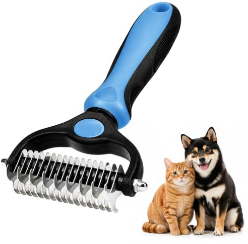 Soodyoow Brosse Double Face 17+9 Dents pour Chien Chat, Râteau Démêloir à Sous-Poil Élimine Nœuds Tapis Poils Mortes, Outil de Toilettage Professionnel pour Poils Longs ou Courts (Bleu)
