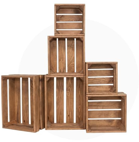 ITA Home & Garden Holzkisten Set Vintage, 6-teilig, 3 Größen, stapelbar und ineinander nestbar, dekorative Aufbewahrungsboxen aus FSC-zertifiziertem Weichholz, Braun