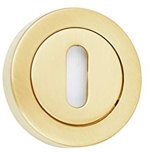 Roseta para cilindro (bocallave) tipo llavín de latón. Fabricado en España. Color latón satinado. Barnizado semi-brillo. Diametro roseta: 50 mm.