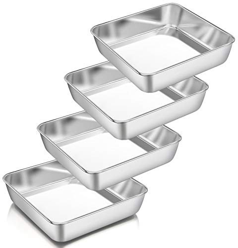 P&P CHEF 8 Inch Square Baking Pan Set of 4, Square Cake Pans, Stainless Steel Deep Bakeware for Lasagna Bread Brownie, 8”×8”×2”, Leakproof & Heavy Duty, Easy Release & Dishwasher Safe