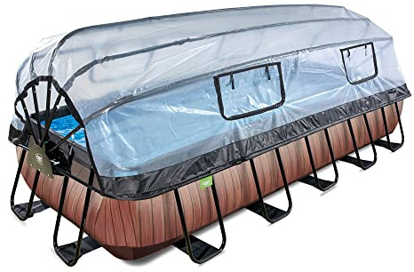 EXIT Toys Piscine Hors Sol Rectangulaire 540 x 250 x 100 cm avec Pompe à Chaleur – Piscine Tubulaire pour Famille – avec Dôme et Filtre à Sable – TÜV, CE et en 16582 – Wood – Marron