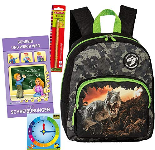 Dinosaurier - Rex - Vorschulrucksack-Set 4tlg. mit ÜBUNGSBUCH, LERNUHR und SCHREIBLERN-Bleistift