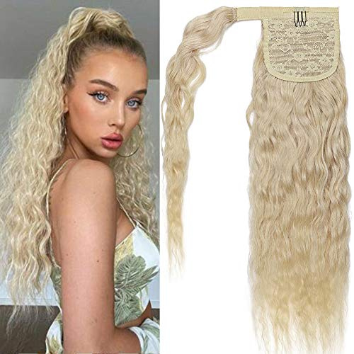 SEGO Extension Naturel Queue de Cheval Cheveux Humains Boucle Ondule Attachpar Ruban Adhésif - 45CM60#Blond Platine [Wrap Around Corn Wave] 18 pouce 90g - Human Hair