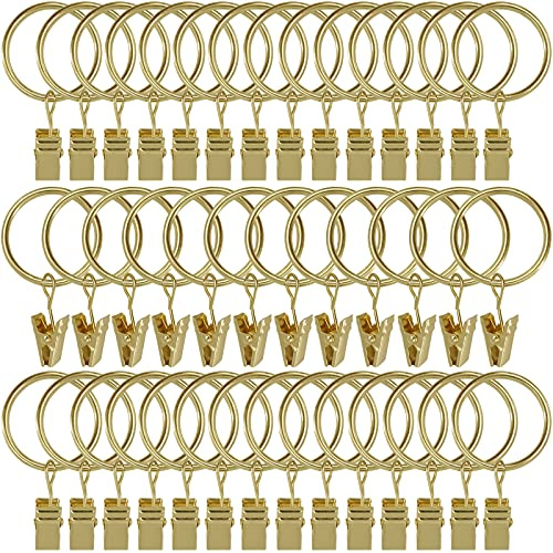 AMZSEVEN 40 Pack Curtain Rings with Clips, Drapery Clips with Rings, Drapes Rings 1.26 in Interior Diameter, Fits up to 1 in Curtain Rod, Gold Color