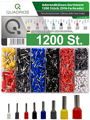 QUADRIOS GmbH | Trådhylsor sortiment set 1 200 stycken | 0,5–10 mm², DIN-färgkod, DIN 46228 | Alla viktiga värden ingår | Optimal bearbetning med en presstång för trådhylsor