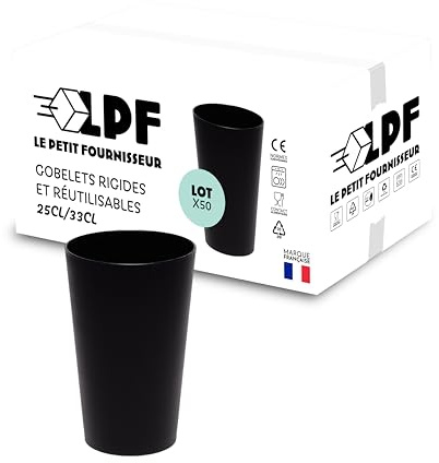 LPF LE PETIT FOURNISSEUR - Lot de 50 Gobelets réutilisables 25cl (33cl à ras-bord) - Polypropylène alimentaire - Gobelets plastique rigide - Compatible lavage au lave-vaisselle - Couleur Noire