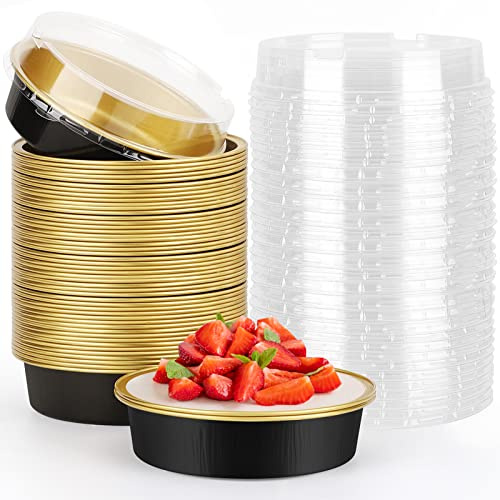 Beasea Aluminum Cupcake Pans with Lids, 4 Inch 50 Pack Disposable Pie Pans for Cake, 8 Oz Aluminum Pie Pan Tin Black Golden Tart Pans Round Oven Baking Mini Cake Pan for Pie Tart Quiche