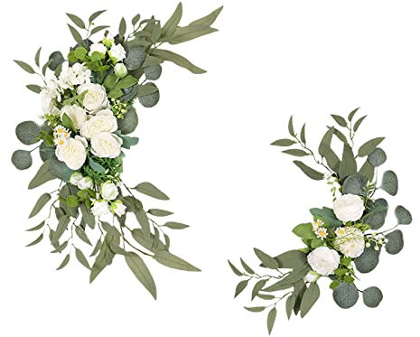 MISNODE Set mit 2 weißen künstlichen Blumen für Hochzeit, Pfingstrosen, Seidenblumen, Willkommensschild für Zeremonien und Empfänge