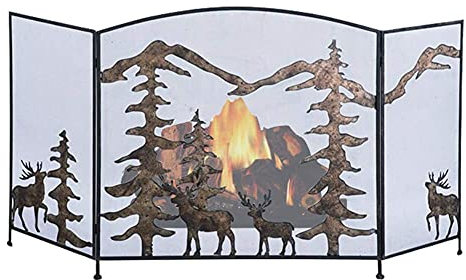 CAZARU Schermo per caminetto Rustico, Design Albero e Cervo, Schermo per Camino in Ferro battuto per capanna Rustica, Marrone Invecchiato
