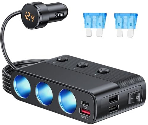 EEEKit Zigarettenanzünder USB Verteiler, 127W mit 3 Fach 12V/24V Kfz Ladebuchse mit 4 USB, Dual PD Ports, Getrennte Schalter und LED Stromspannung Anzeige