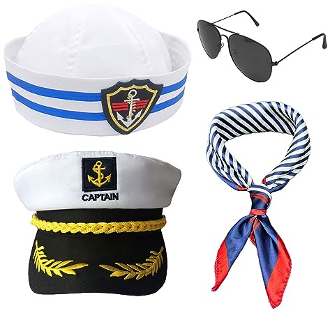 SKHAOVS 4Pcs Ensemble de Costume de Capitaine Marin Casquette Marine Chapeau de Capitaine Marin écharpe Lunettes de Soleil Chapeau de Fête pour Adultes (4Pcs)