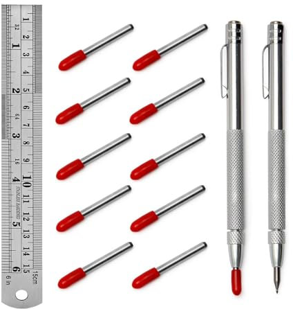 Mriuuod Paquete de 2 herramientas de trazado de carburo de tungsteno con imán, con 10 puntas de marcado de repuesto adicionales y regla de acero inoxidable de 15 cm, bolígrafo de grabado para vidrio