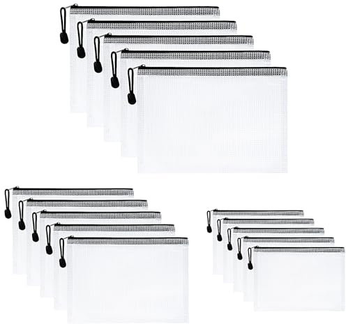 Vicloon Plastplånböcker, 15 st A4 A5 A6 låspåsar, nät dokument plånbok dokumentmappar plastfickor dragkedja fil plånbok för skola kontor läxor resa förvaringsväska (svart dragkedja)
