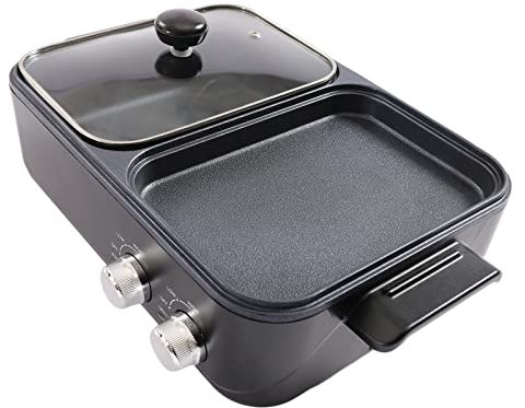 biniliubi 2 In 1 Health Grill & Hot Pot Electric Divider Multi-Cooker Versatile Non-Stick Grill Griddle Plates Flat Glass Lid Cooking Adjustable Temperature Chafing Dish Pan Integrated Double Plates