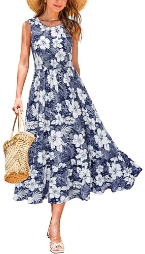 STYLEWORD Sommerkleid Damen Lang Blumenkleid Midikleider A Linie Swing Sommer Kleid mit Taschen,M