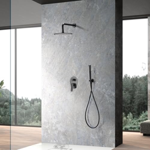 IMEX - Ducha Empotrada Negra Monomando | Kit de Grifería Empotrado con Alcachofa y Rociador Antical Efecto Lluvia | Columna Ducha Empotrada en Latón y Acero Inox S.304 | Serie Delos
