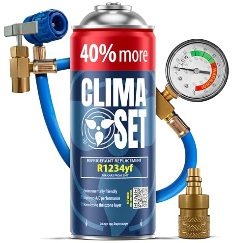 ClimaSet Recharge clim R1234yf - gaz clim r1234yf - 1x235 g avec Tuyau, Manomètre et Adaptateur HP/LP - Climatisation - Climatiseur voiture - Recharge climatisation voiture - ECO