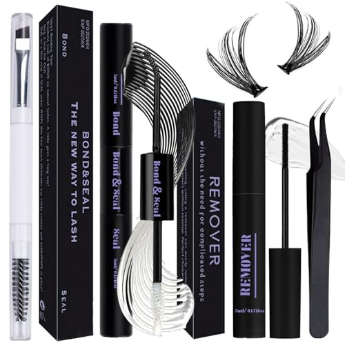 Qiveaory Lash Bond and Seal Kit 4 Pcs DIY Lash Extension with Waterproof Lashe Cluster Glue 72h Hold and Seal Lash Remover Tweezers Portable Eyelash Brush with Cap for Eyelash Extensions Beginners